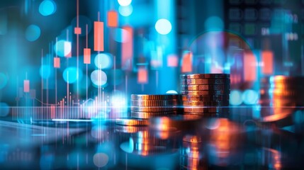 Fototapeta premium Abstract image of coin stacks with a digital financial graph overlay, representing economic growth, investment, and market trends.