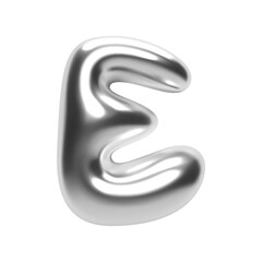 3D chrome bubble letter E in Y2K futuristic style. Shiny silver glossy surface with inflated aluminum liquid metal form. Isolated alphabet letter from trendy vector render font for modern typography