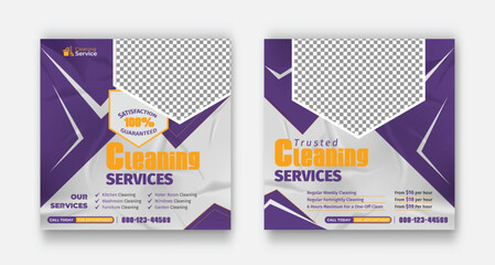 Cleaning Services Business Promotion Social Media Posts. Housekeeping, flat design vector with photo collage. Usable for social media, stories, and web internet ads.