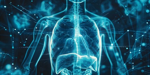Xray image of male chest with cybercore theme and key structures highlighted. Concept Medical Imaging, Cybercore Theme, Male Chest, Key Structures, X-Ray Analysis