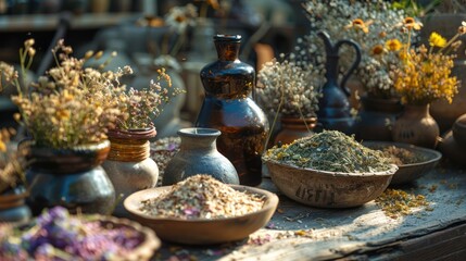Fototapeta premium Aromatherapy, herb collecting and drying, herbal apothecary aesthetics, organic alternative medicine, herbalism, herbal nursing, herbal pharmacy, and organic herbs for aesthetic purposes