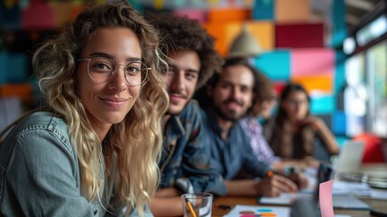 Obraz premium A group of happy employees sits together in a vibrant, colourful office space, emphasizing teamwork and collaboration, with a focus on the blonde woman in glasses.