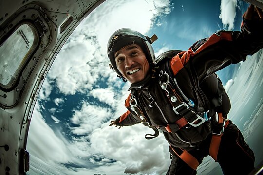 Skydiver in mid-air after jumping from a plane, with a joyful expression, symbolizing adventure and thrill. Ideal for travel promotions, extreme sports blogs, and inspirational content.