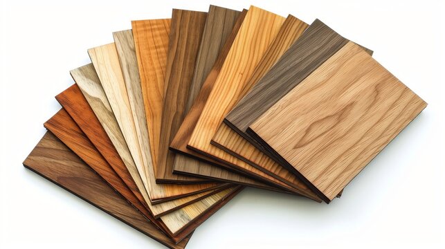 MDF boards stained with various wood finishes are fanned out, showcasing their range and versatility in shades.