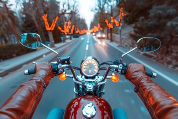POV shot of young man riding motorcycle on street.