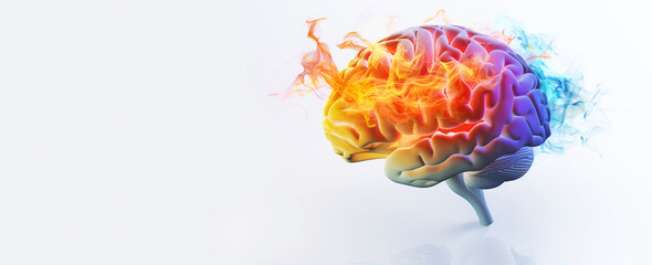 a close up of a colorful brain with energy sparks, combined or merging with technology, artifical intelligence concept, white background