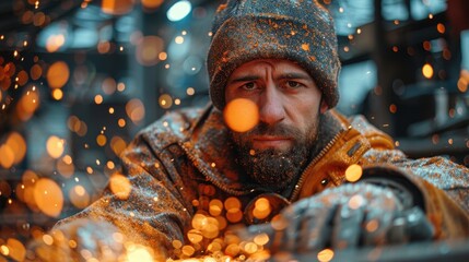 A worker in protective gear intensely focuses on his task, surrounded by flying sparks, depicting a sense of dedication and precision in an industrial environment.