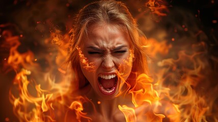 Fototapeta premium Animated scene of a woman engulfed in fiery flames, expressing intense emotion. Concept of anger, power, and supernatural energy.