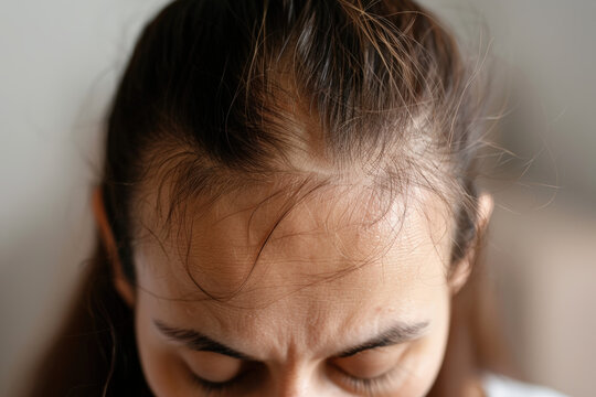 t&ecirc;te de femme souffrant d'alop&eacute;cie et qui perd ses cheveux 