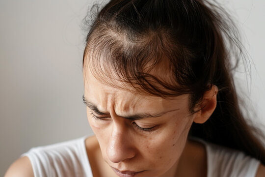 t&ecirc;te de femme souffrant d'alop&eacute;cie et qui perd ses cheveux 