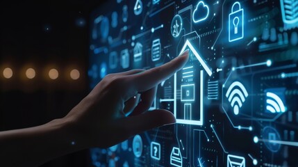 Close-up of a hand interacting with a futuristic smart home interface, illustrating the concept of home automation and IoT technology.