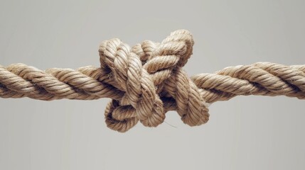 Close-up of a thick, textured rope tied in a knot against a neutral background. Ideal for concepts of strength, connection, and reliability.