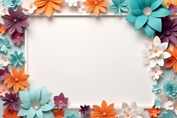 Obraz premium Colorful 3D paper flowers frame a blank white space. Perfect for greeting cards, invitations, or seasonal designs. Vector illustration.
