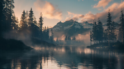 Misty Morning on Mountain Lake
