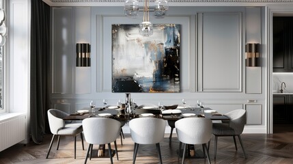 A chic dining area with a monochromatic color scheme and a statement piece of abstract art