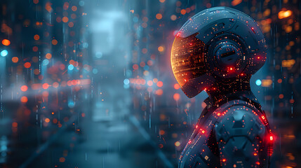 Fototapeta premium Futuristic robot in a neon-lit urban environment, symbolizing advanced technology and cyberpunk aesthetics. Ideal for tech articles, sci-fi projects, and digital art.