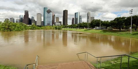 Buffalo Bayou Park, Houston, flooded after Hurricane Beryl.