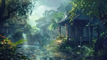 A lush green forest with a waterfall and a small house in the background