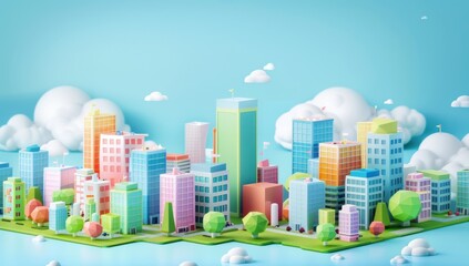 A Colorful Low-Poly Cityscape in a Dreamy Setting