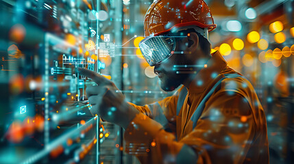 A tech engineer in a hard hat and safety gear working with advanced digital interfaces in a high-tech environment. Ideal for illustrating modern industrial technology and innovation.