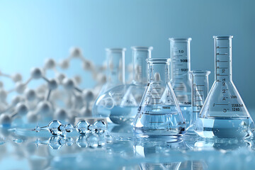 A collection of laboratory glassware filled with clear liquid, set against a background of molecular structures. Ideal for representing scientific research and chemistry experiments.
