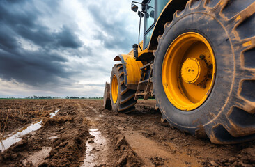 Tractor on Muddy Field Under Stormy Skies
