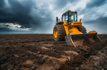 Fototapeta premium Bulldozer on Muddy Farmland Under Stormy Sky 