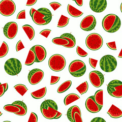 watermelon background, seamless texture, colorized vector illustration. red juicy watermelons are scattered randomly on a white background, whole and in pieces