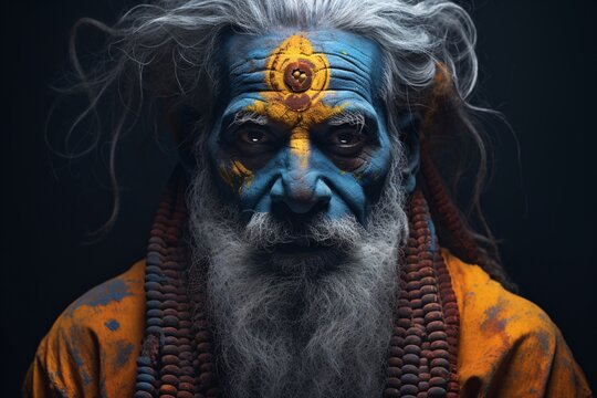 a man with blue and yellow face paint
