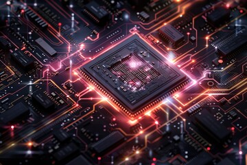 Obraz premium Close-up of advanced microchip on computer board, wide banner design.
