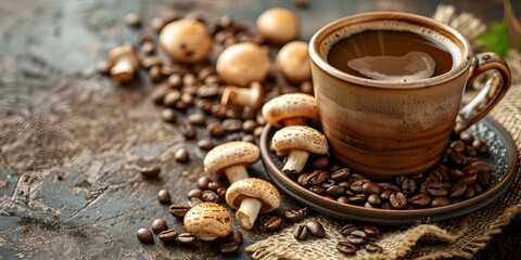Mushroom coffee made with dried mushrooms and coffee beans on rustic table. Concept Food Photography, Mushroom Coffee, Rustic Table Setting, Gastronomy, Herbal Beverages
