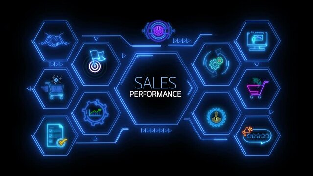 Sales performance management concept. Strategic Decision Making for Operations Management, increase sales and business growth. Glowing neon line of sales performance icons on transparent background.