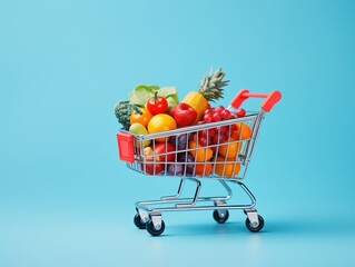 a shopping cart full of fruits and vegetables