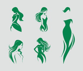 Set woman full body logo vector icon silhouette. female avatar profile sign, girl full body silhouette logo