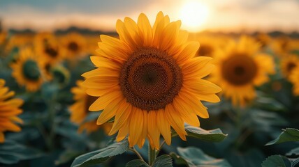 Sunflower field at sunset, featuring vibrant yellow petals and green leaves creating a beautiful and serene landscape in golden hour light.