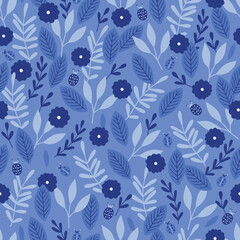 Retro seamless pattern with flowers, leaves and branches. Vector illustration