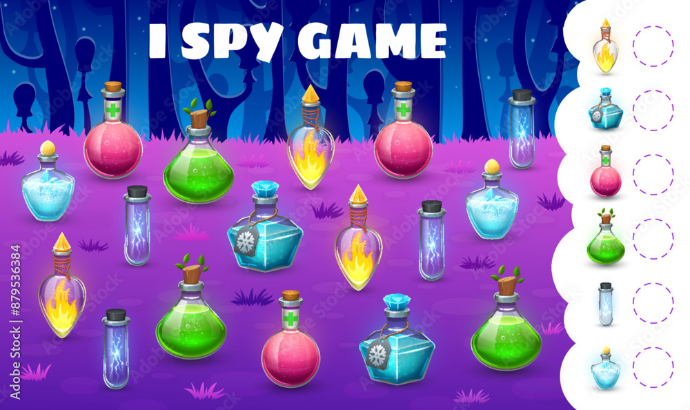 Poster halloween kids i spy game with witch magic potion bottles. vector riddle worksheet with cartoon colo