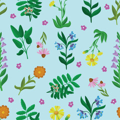 Medical plants seamless pattern. Healing plant, chamomile calendula daisy. Flowers branches with leaves, organic naturopathy neoteric vector background