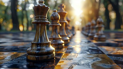 Close-up of chess pieces on an outdoor chessboard at sunset, symbolizing strategy and intellectual challenge. Perfect for themes of games, strategy, and outdoor activities