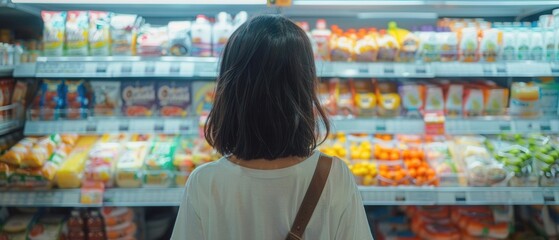 Female shopper in grocery store, concerned about high prices, inflation concept, clear and detailed,