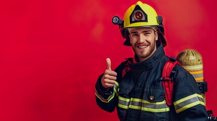 Fototapeta premium Adorable young professional firefighter, smiling, holding a toy fire hose, and giving a thumb-up on a red background, editorial style