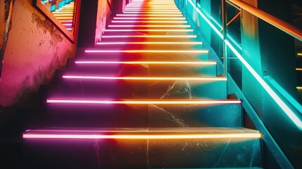 Neon lights illuminating stairway in modern building