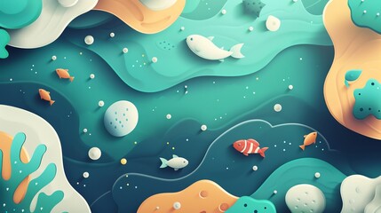 Colorful underwater abstract illustration with fish and coral elements in a tranquil sea setting. Perfect for backgrounds or creative projects.