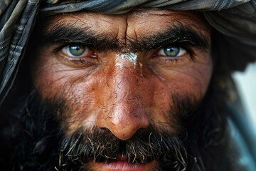 Afghan man with a turban is staring intently showing wisdom and experience in his eyes and weathered face