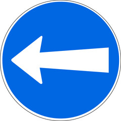 Blue and white colored round road sign only direction is left. Illustration made July 10th, 2024, Zurich, Switzerland.