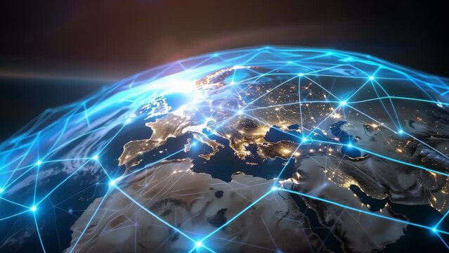 Global network communication concept showing interconnected lines over Earth, depicting connectivity and digital exchange.