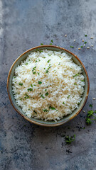 Top View Of A Bowl Of Steamed White Rice