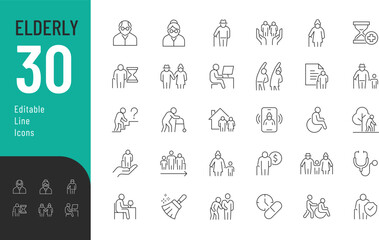 Elderly Line Editable Icons set. Vector illustration in modern thin line style of seniors related icons: active lifestyle, support, care, and more. Isolated on white