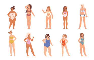 Women wear swimwear. Diverse body types girls in bikini. Beach summer vacations characters. Travel and sunbathing female, snugly vector set