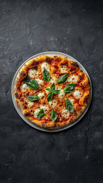 Delicious Margherita Pizza With Fresh Basil On Dark Background